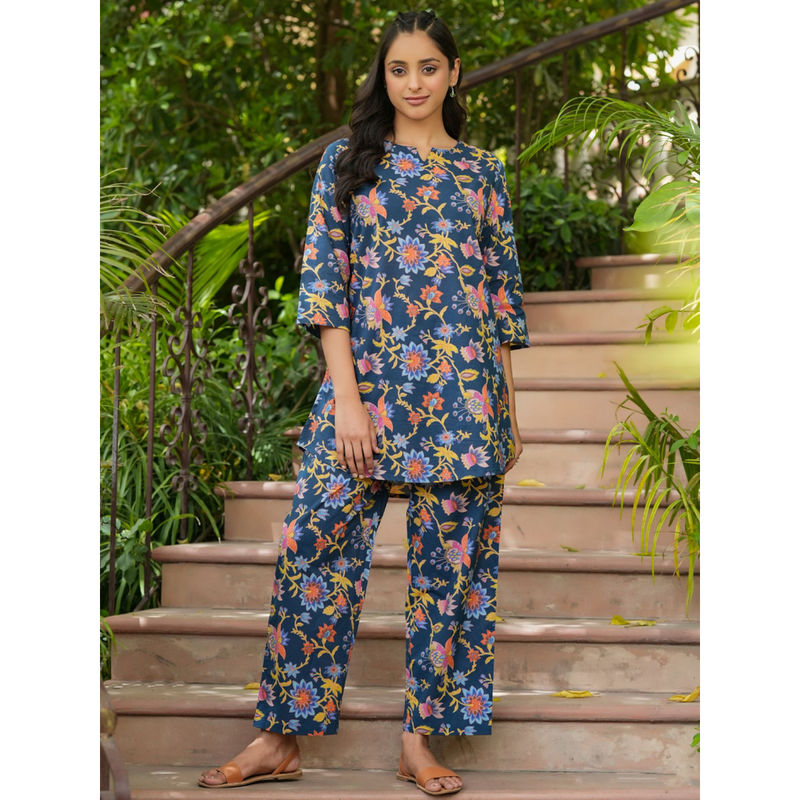 SAY Navy Blue Color Printed Women Pure Cotton Kurti & Pyjama Night Suit (Set of 2) (3XL)