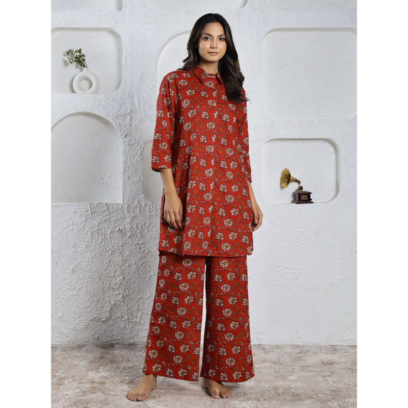 SANSKRUTIHOMES Red Color Printed Women Pure Cotton Kurti & Pyjama Night Suit (Set of 2) (2XL)