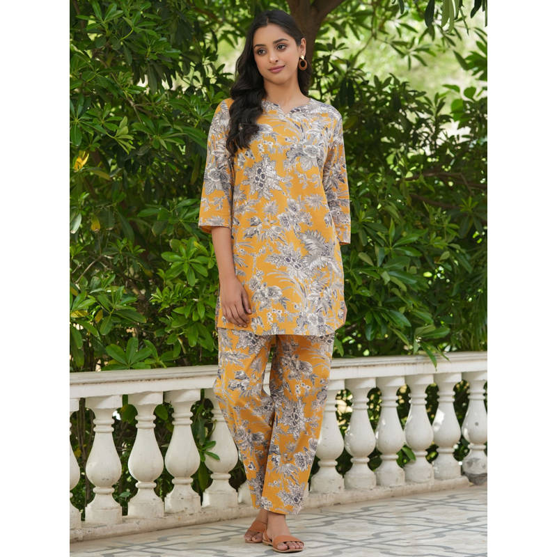 SANSKRUTIHOMES Mustard Color Printed Women Pure Cotton Kurti & Pyjama Night Suit (Set of 2) (S)