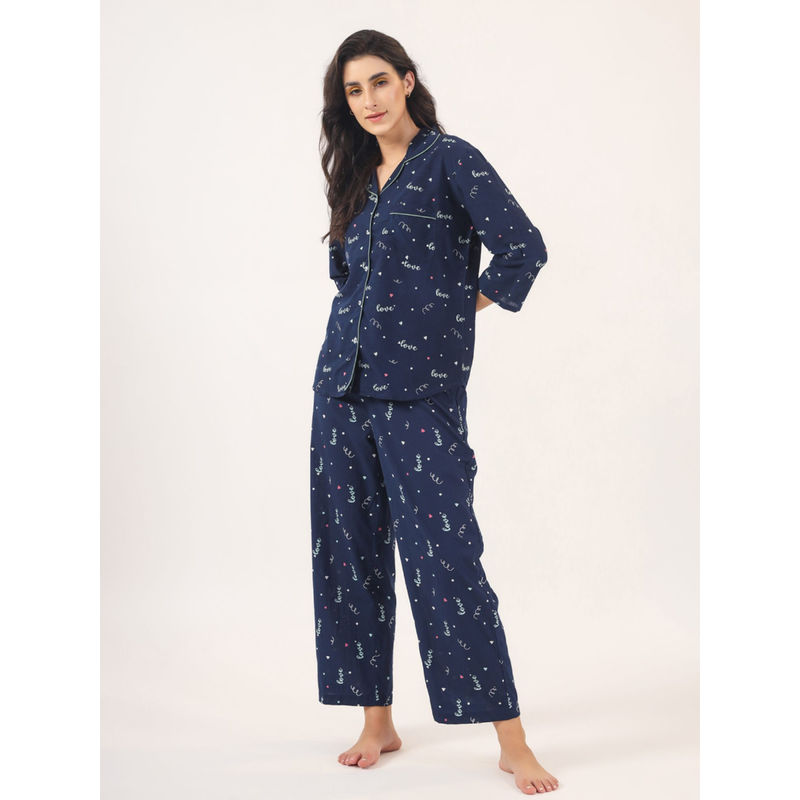 SAY Blue Color Printed Women Pure Cotton Shirt & Pyjama Night Suit (Set of 2) (L)