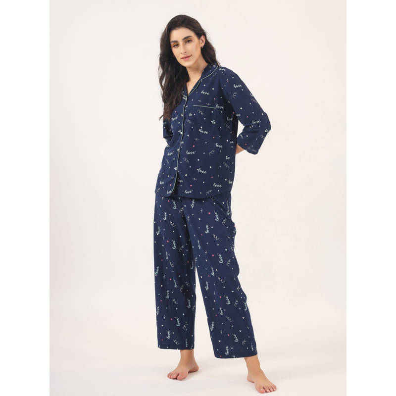 SANSKRUTIHOMES Blue Color Printed Women Pure Cotton Shirt & Pyjama Night Suit (Set of 2) (XL)