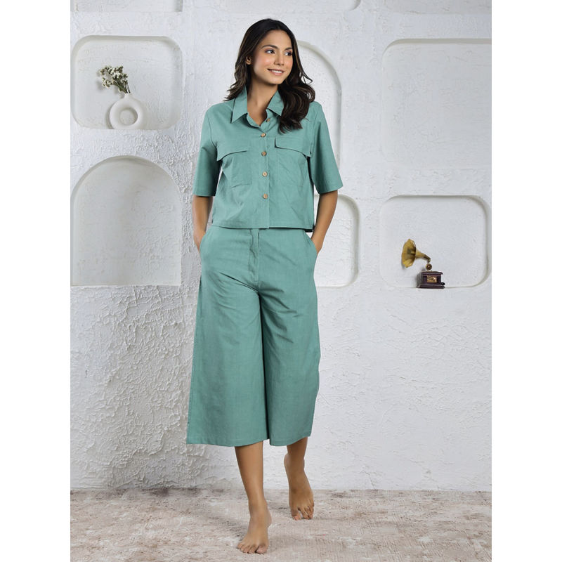 SAY Green Color Solid Women Pure Cotton Shirt & Capri Night Suit (Set of 2) (S)