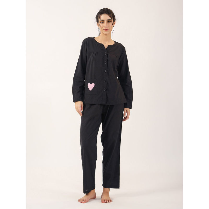 SAY Black Color Solid Women Pure Cotton Top & Pyjama Night Suit (Set of 2) (L)