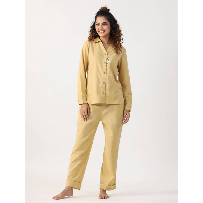 SANSKRUTIHOMES Beige Color Printed Women Pure Cotton Shirt & Pant Night Suit (Set of 2) (L)