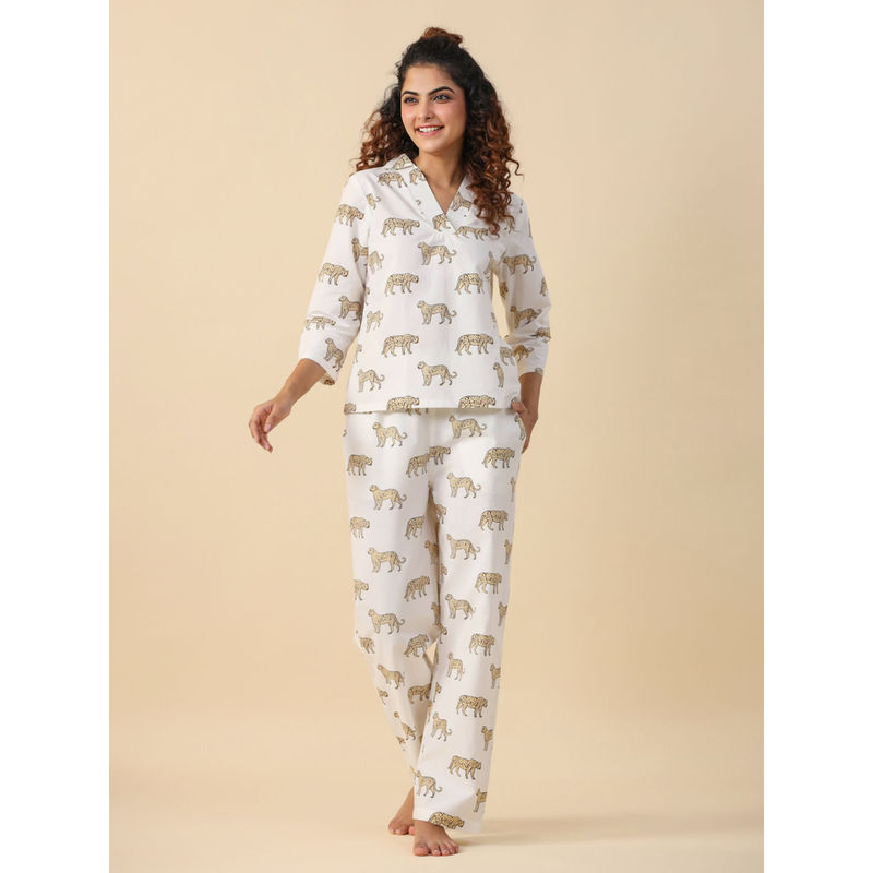 SAY White Color Printed Women Pure Cotton Top & Pyjama Night Suit (Set of 2) (XL)