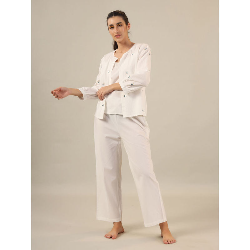 SAY White Color Printed Women Pure Cotton Top & Pyjama with Jacket (Set of 3) (S)