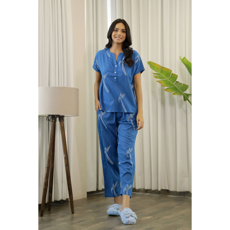 SAY Blue Color Printed Women Pure Cotton Top & Pyjama Night Suit (Set of 2) (L)