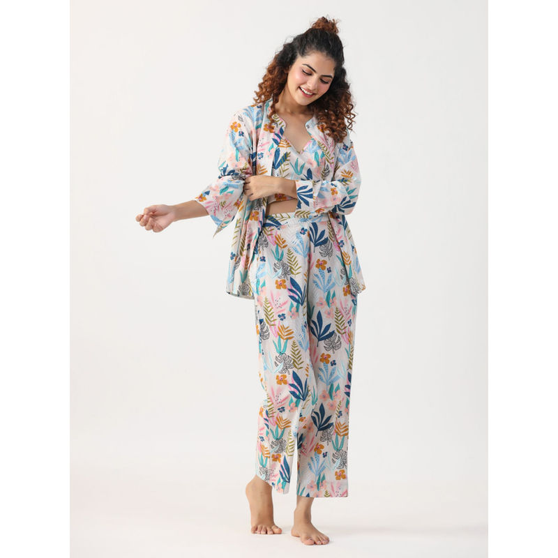 SAY Multi Color Printed Women Pure Cotton Bustier Pyjama & Jacket (Set of 3) (XL)