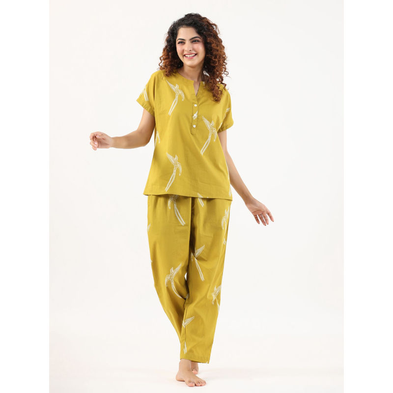 SAY Mustard Color Printed Women Pure Cotton Top & Pyjama Night Suit (Set of 2) (L)