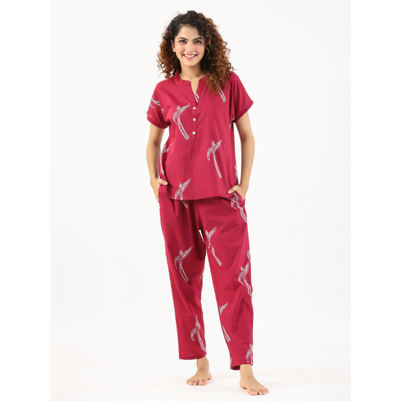 SAY Magenta Color Printed Women Pure Cotton Top & Pyjama Night Suit (Set of 2) (XL)