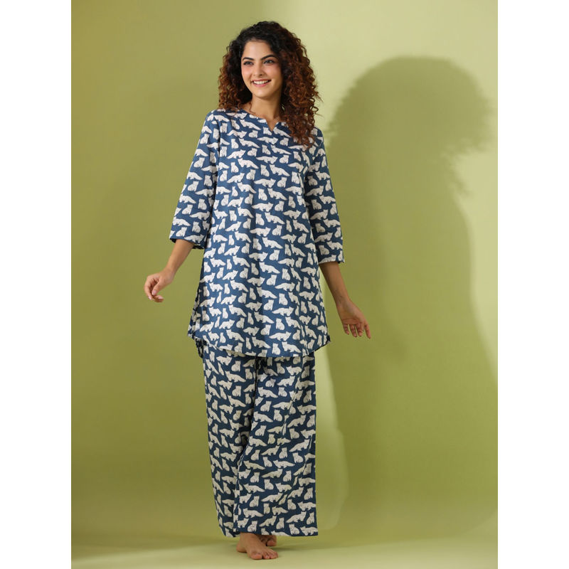 Buy SAY Navy Blue Color Printed Women Pure Cotton Kurti & Pyjama Night ...