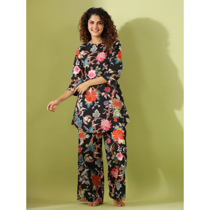 SAY Black Color Printed Women Pure Cotton Kurti & Pyjama Night Suit (Set of 2) (S)