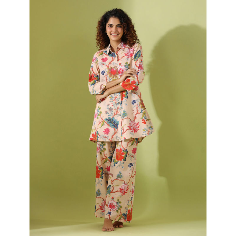 SAY Peach Color Printed Women Pure Cotton Shirt & Pyjama Night Suit (Set of 2) (2XL)