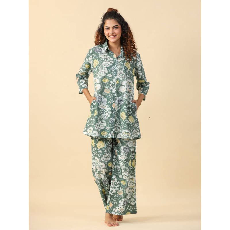 SANSKRUTIHOMES Green Color Printed Women Pure Cotton Shirt & Pant Night Suit (Set of 2) (S)