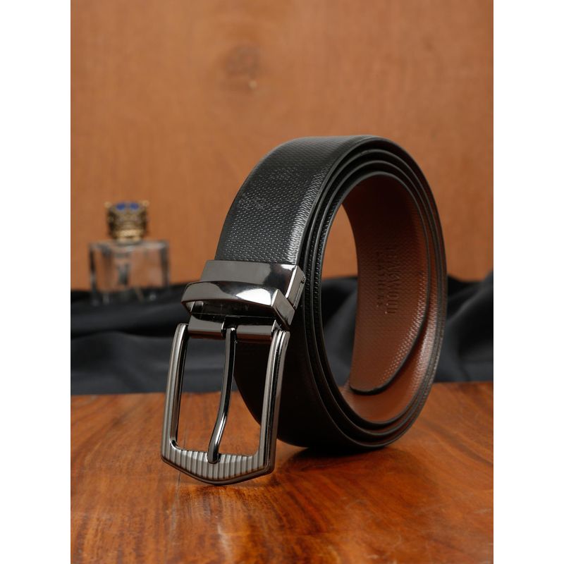 TEAKWOOD LEATHERS Men Textured Formal Reversible Black & Brown Leather Belt (42)