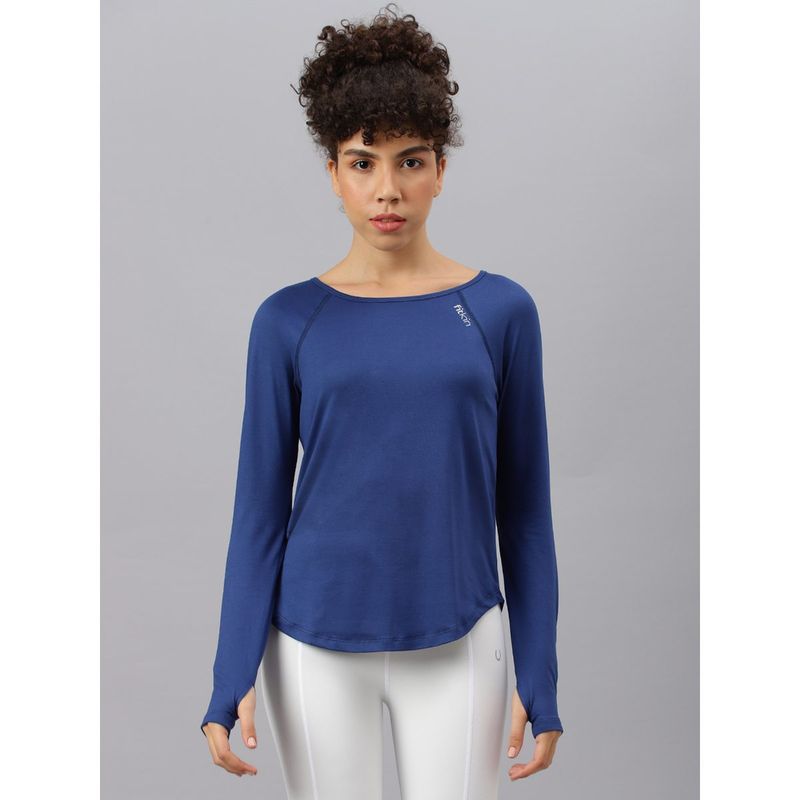Fitkin Women Blue Round Neck Back Laser Cut T-Shirt (M)