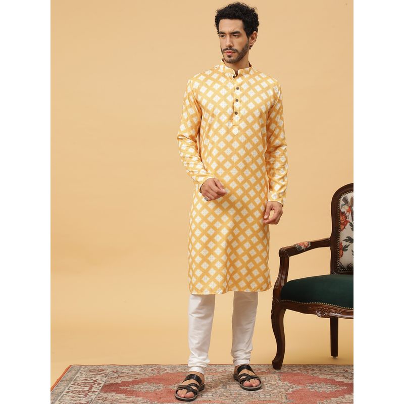 Tabard Cotton Printed Yellow Ethnicwear Men Kurta (S)