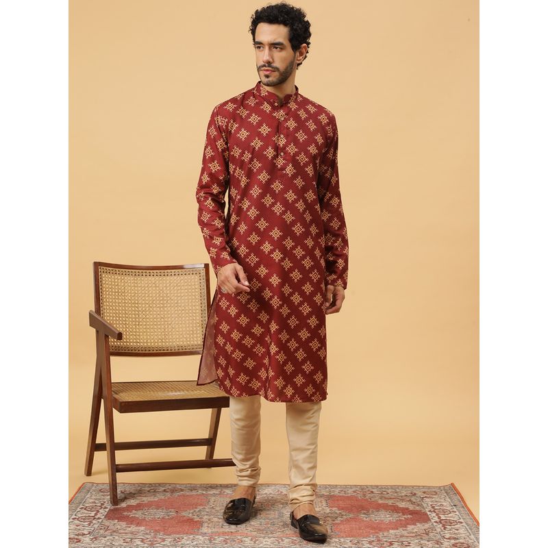 Tabard Cotton Printed Maroon Ethnicwear Men Kurta (M)