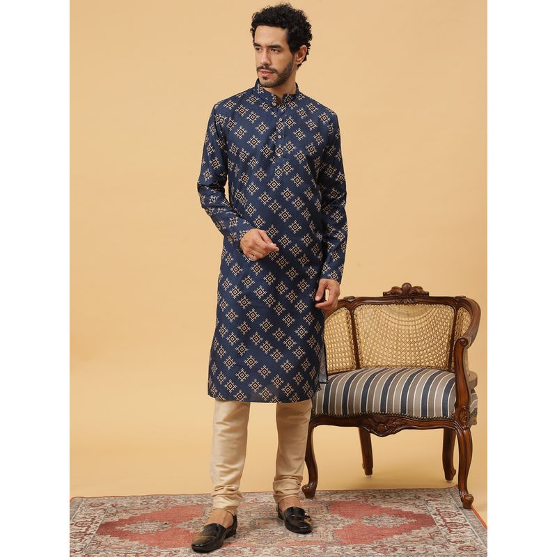 Tabard Cotton Printed Blue Ethnicwear Men Kurta (L)