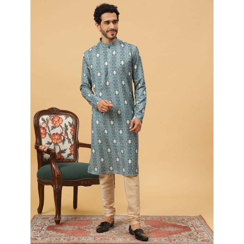 Tabard Cotton Printed Blue Ethnicwear Men Kurta (M)