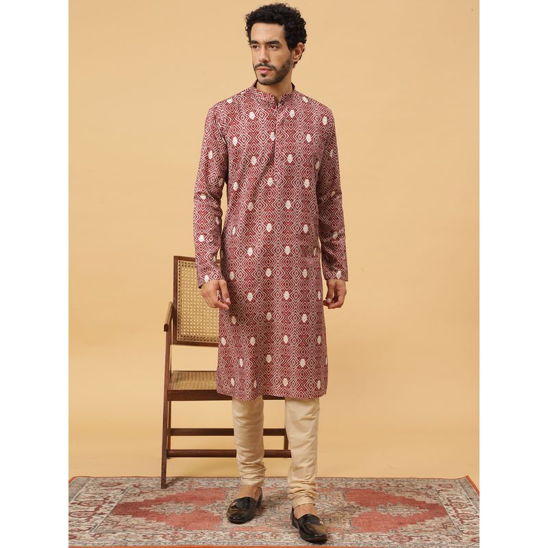Tabard Cotton Printed Maroon Ethnicwear Men Kurta (S)