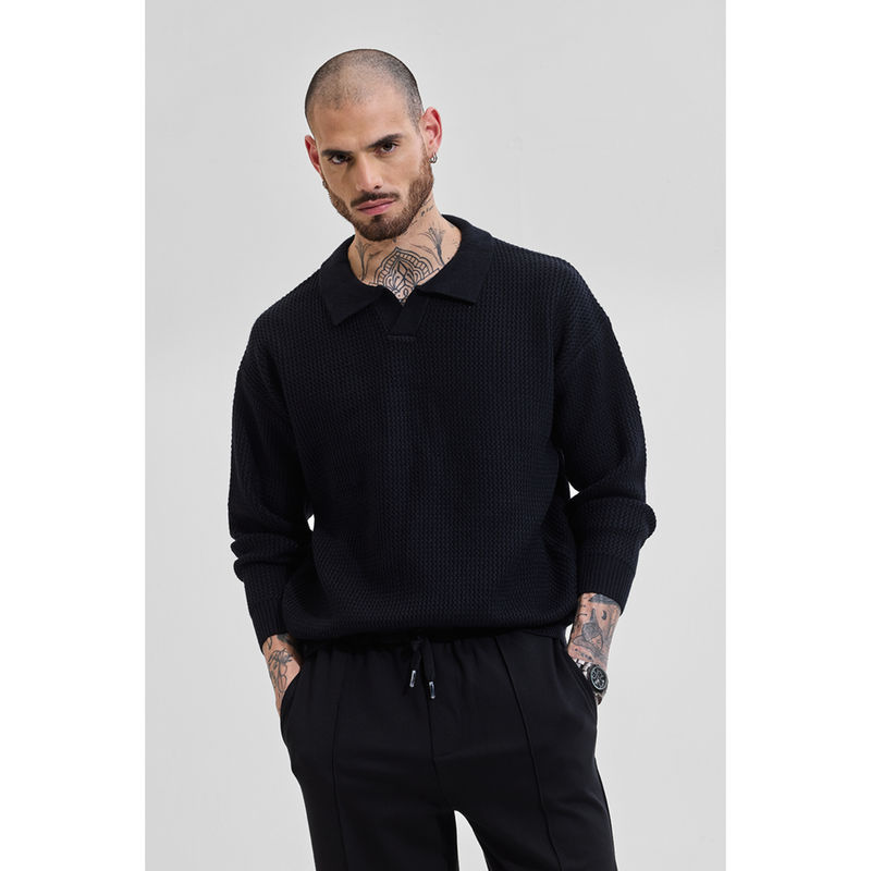 Snitch Black Textured Full Sleeves Relaxed Casual Sweaters (2XL)