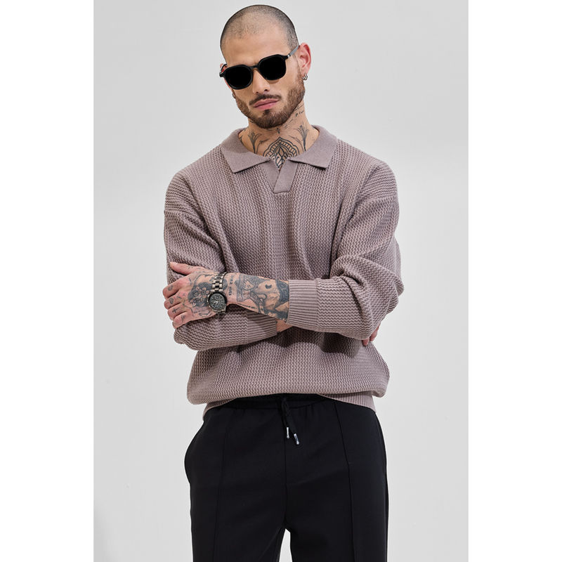 Snitch Mauve Textured Full Sleeves Relaxed Casual Sweaters (XL)