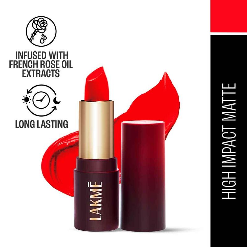 Lakme Forever Matte Lipstick, Made With French Rose Oil Extracts, Red Bombshell