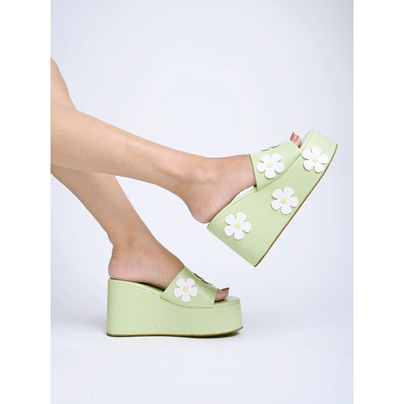 Shoetopia Flower Printed Detailed Green Platform Heels for Women & Girls (EURO 39)