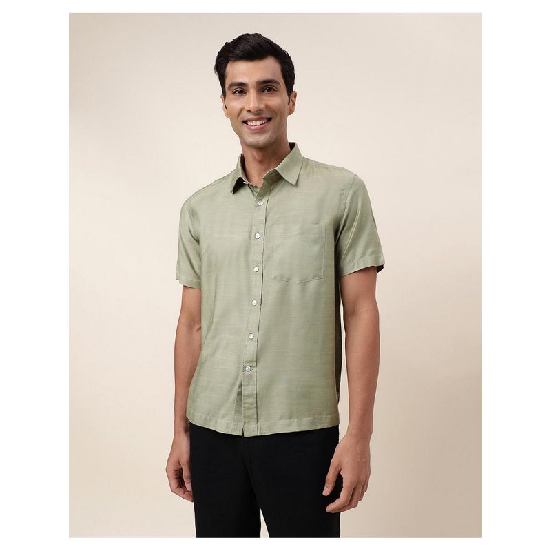 Fabindia Men Olive Viscose Collar Neck Solid Woven Shirt (S)
