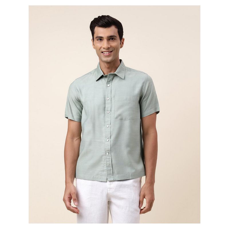 Fabindia Men Teal Viscose Collar Neck Solid Woven Shirt (S)