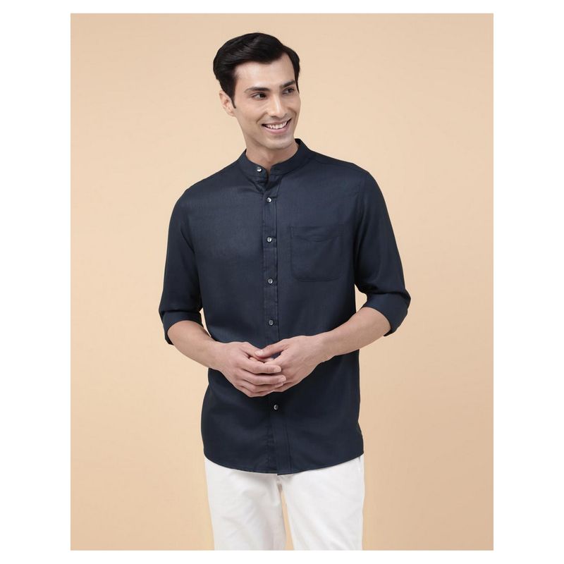 Fabindia Men Navy Blue Viscose Mandarin Neck Solid Woven Shirt (S)