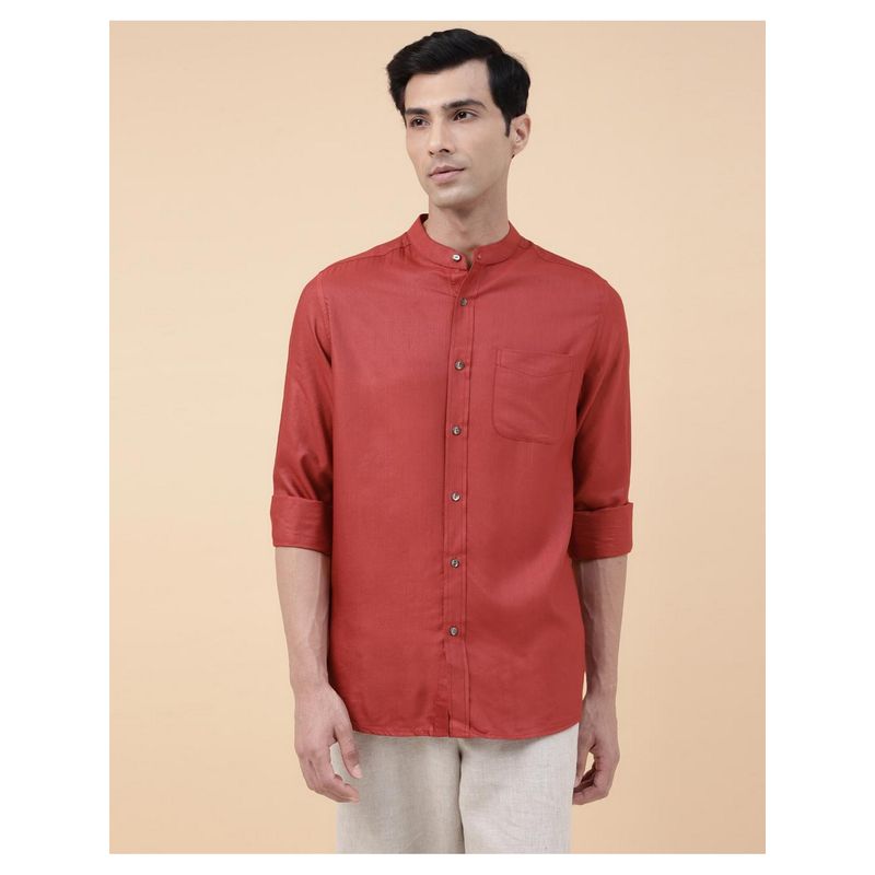 Fabindia Men Red Viscose Mandarin Neck Solid Woven Shirt (S)