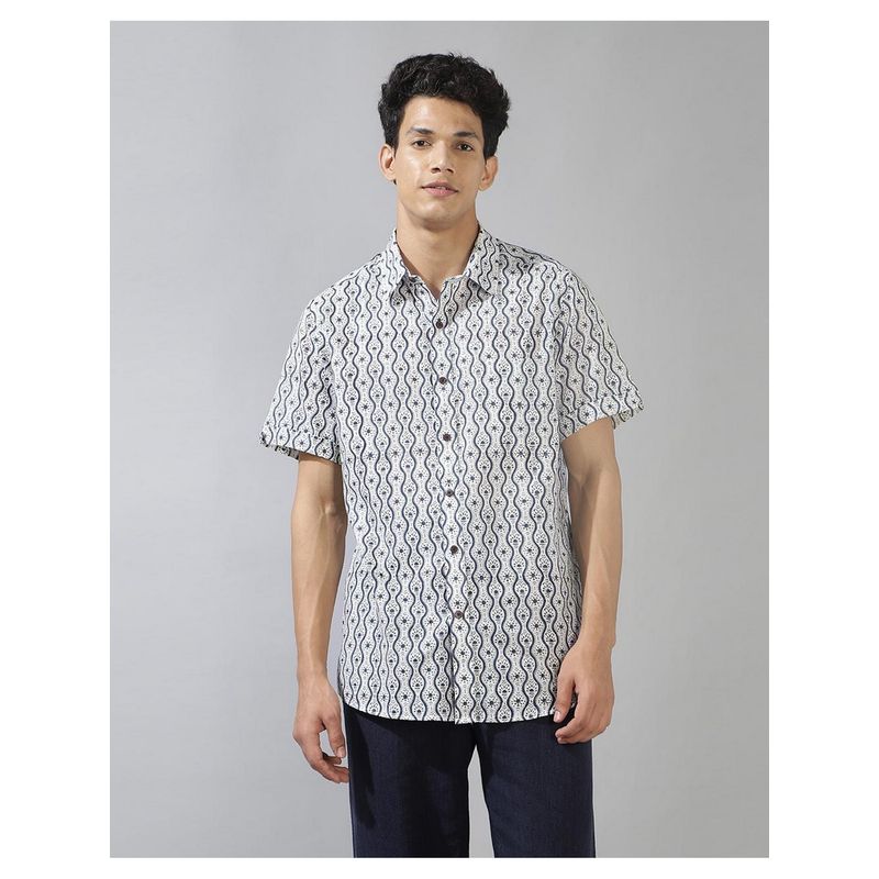 Fabindia Men White Cotton Collar Neck Printed Shirt (S)