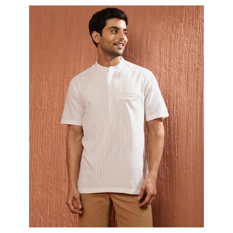 Fabindia Men Off White Cotton Mandarin Neck Stripes Printed Shirt (XS)