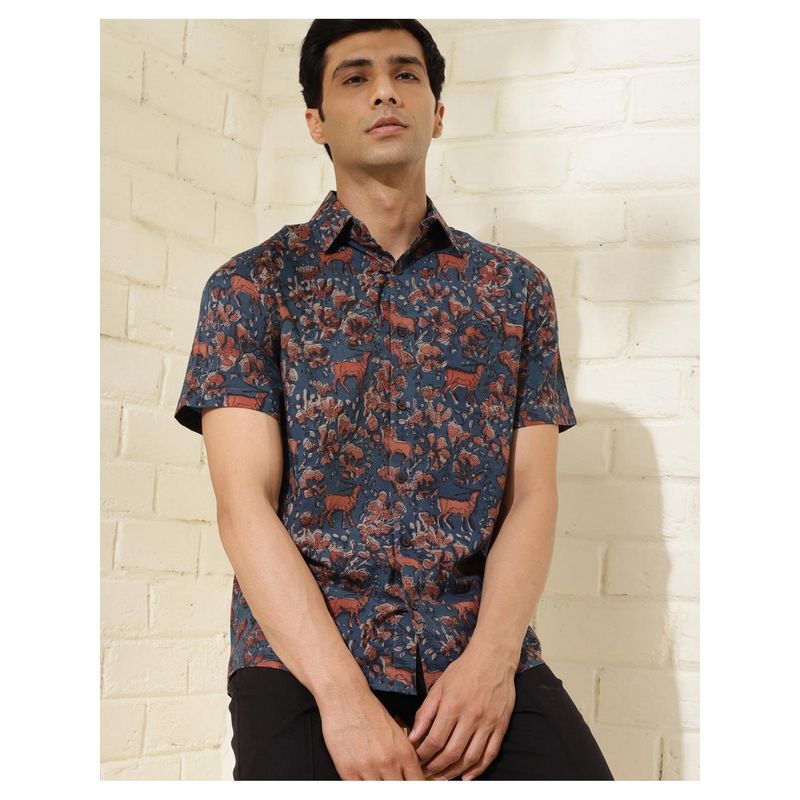 Fabindia Men Indigo Cotton Collar Neck Abstract Printed Shirt (M)