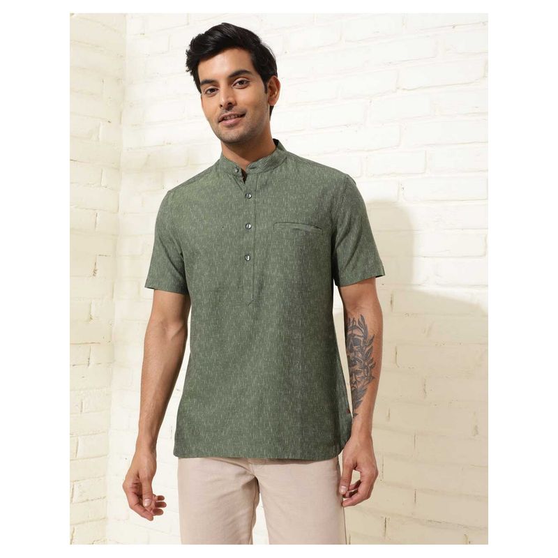 Fabindia Men Green Cotton Mandarin Neck Woven Ikat Shirt (XS)