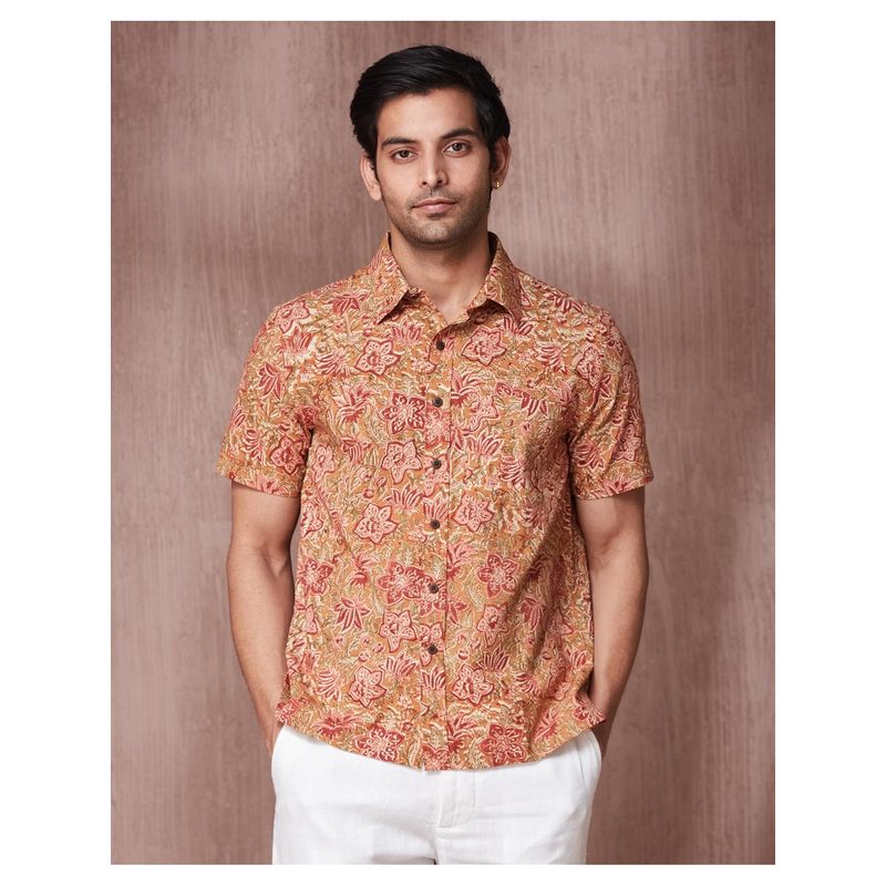 Fabindia Men Mustard Cotton Collar Neck Printed Kalamkari Shirt (XS)