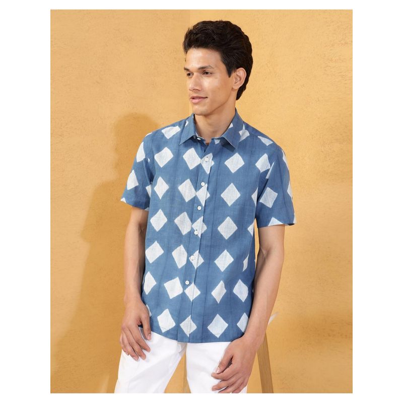 Fabindia Men Blue Cotton Collar Neck Geometric Printed Shirt (S)