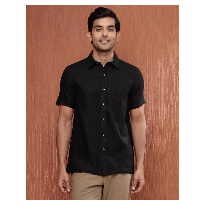 Fabindia Men Black Viscose Collar Neck Solid Woven Shirt (S)