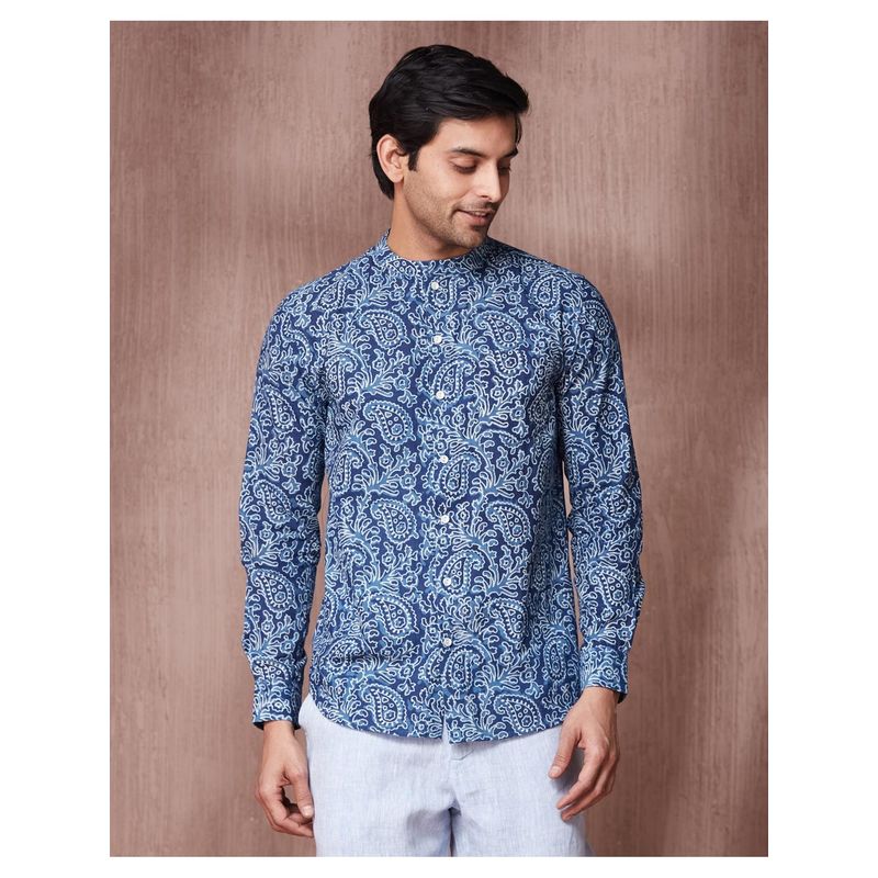 Fabindia Men Indigo Cotton Mandarin Neck Paisley Printed Shirt (S)