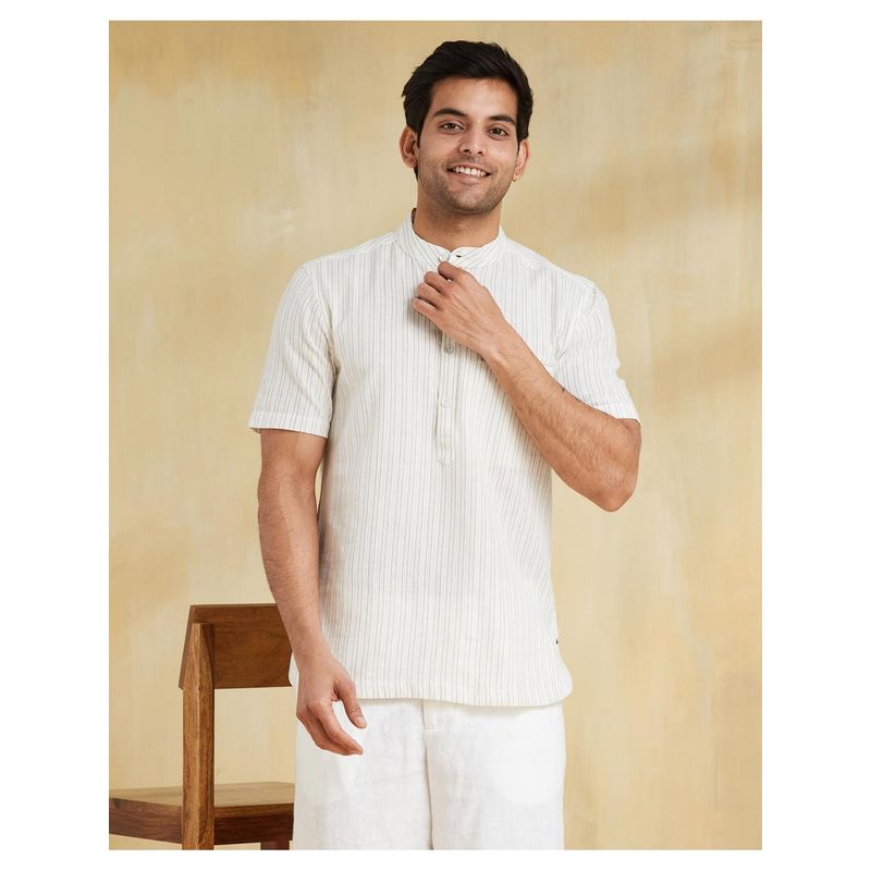 Fabindia Men Off White Cotton Mandarin Neck Stripes Printed Shirt (S)