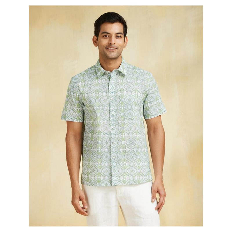 Fabindia Men Green Cotton Printed Hand Block Shirt (S)
