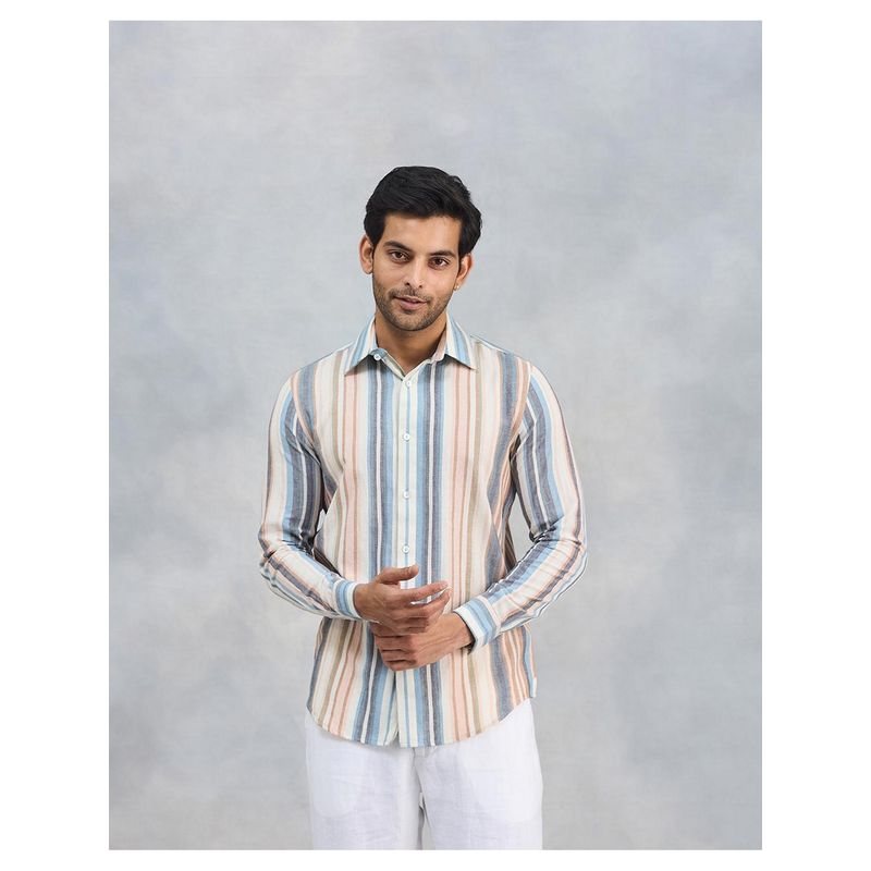 Fabindia Men Multi-Color Cotton Collar Neck Stripes Printed Shirt (M)