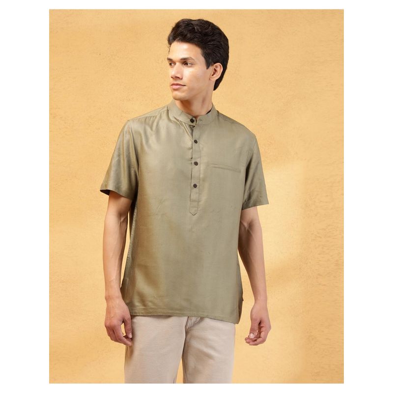 Fabindia Men Olive Viscose Mandarin Neck Solid Woven Shirt (XS)