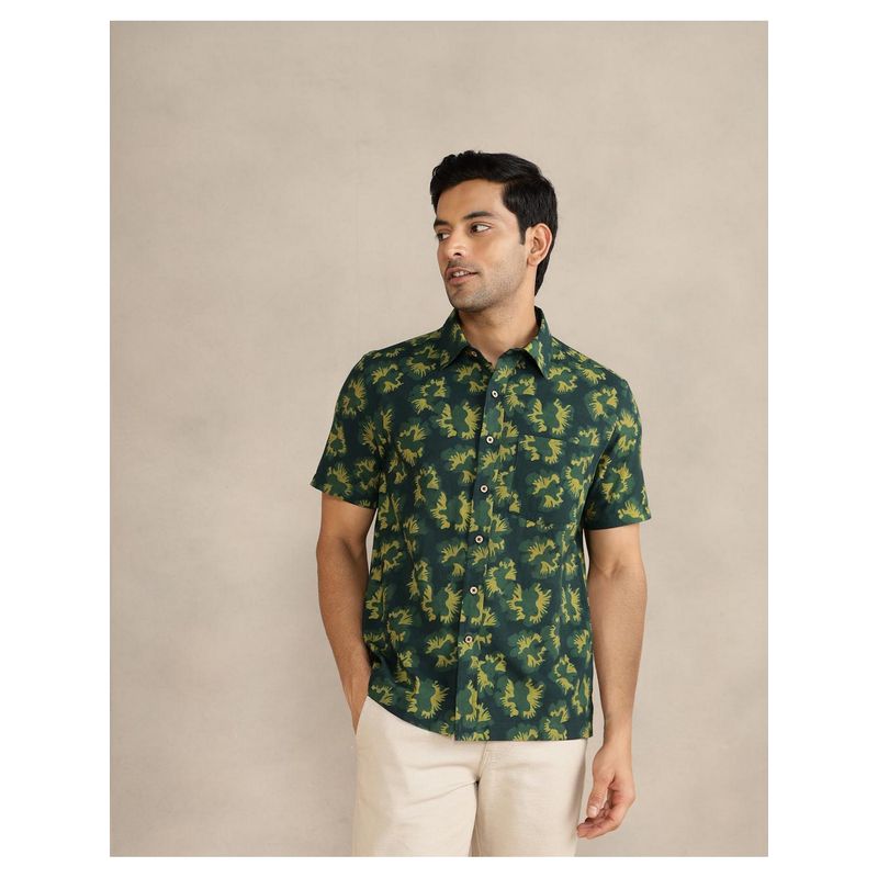 Fabindia Men Green Cotton Mandarin Neck Printed Shirt (S)