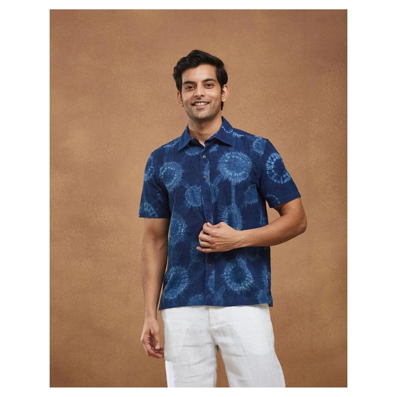 Fabindia Men Indigo Cotton Collar Neck Printed Bandhani Shirt (XS)