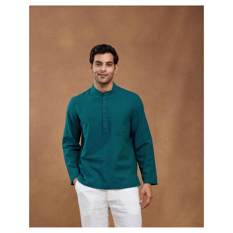 Fabindia Men Teal Cotton Mandarin Neck Solid Woven Shirt (L)