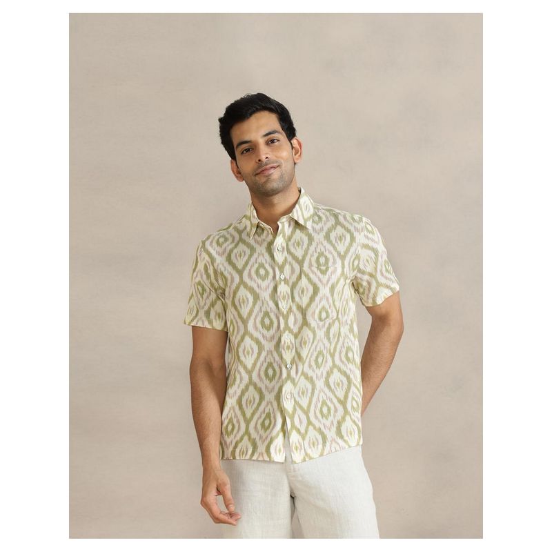 Fabindia Men Off White Cotton Collar Neck Printed Ikat Shirt (XS)