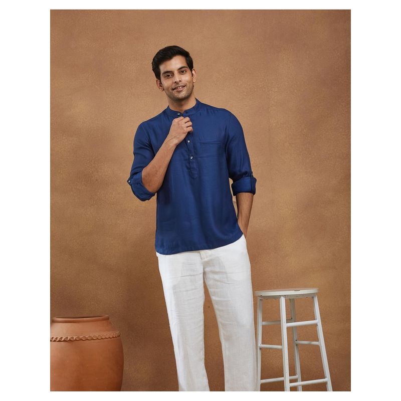 Fabindia Men Navy Blue Viscose Mandarin Neck Solid Woven Shirt (S)